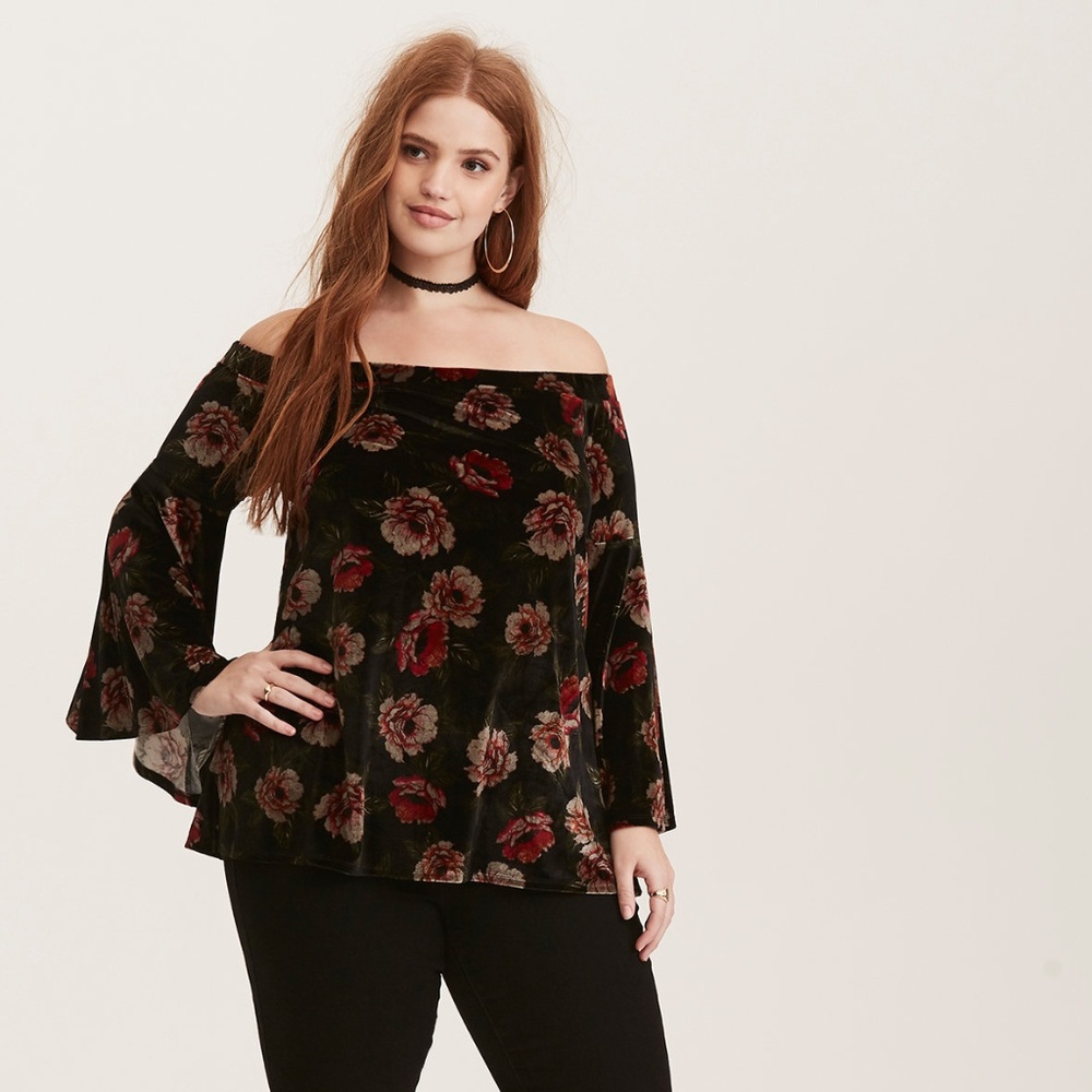 Floral Print Velvet Off Shoulder Bell Sleeve Top